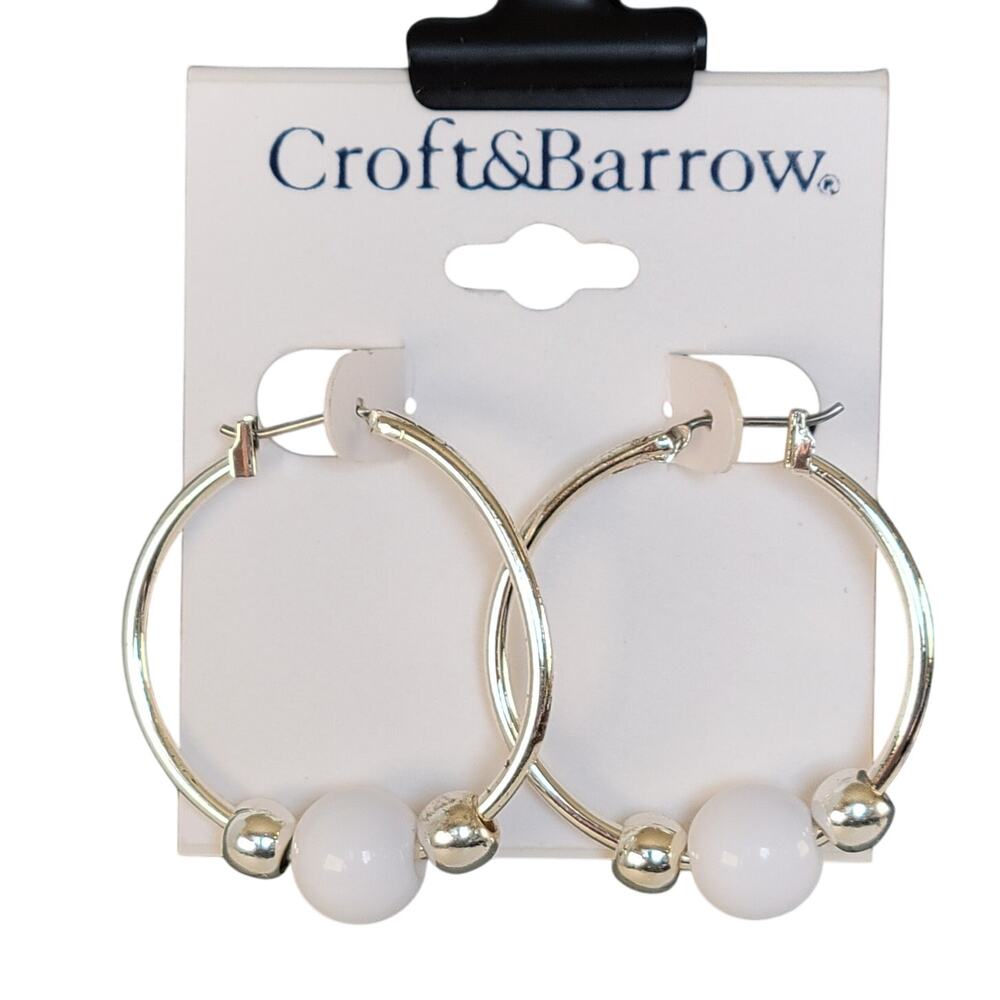 Croft & Barrow Hoop Earrings White Beads Silver Tone Pierced, Gift Bag 1.5 in